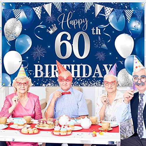 Fundal Banner de 60 de ani, decorațiuni Btzo Happy 60 de ani, fundal foto din țesătură argintie albastră pentru bărbați și femei Petrecere de 60 de ani,70,8 x 43,3 Inch