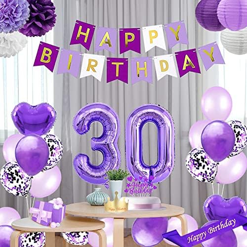Santonila Purple Decorațiuni de naștere 30 Set de ziua de naștere la mulți ani și tort topper numărul 30 Confetti latex baloane de hârtie Lanterne pentru 30 de ani de zi de naștere, petrecere de naștere,
