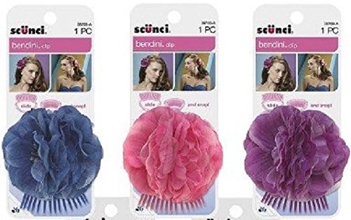 Clip Scunc Bendini cu flori, albastru, roz și violet, 3 pachete