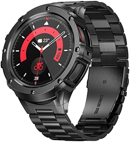 Carcasă metalică Suplink cu bandă compatibilă Samsung Galaxy Watch 5 Pro Band 45mm （2022）, curea de acoperire de protecție din oțel inoxidabil solid pentru bărbați