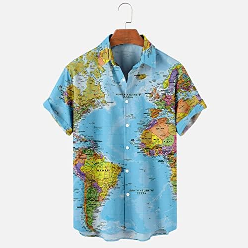 Cămăși hawaiene pentru bărbați vara casual mondial hartă imprimată cu mânecă scurtă buton pe plajă cămăși de vacanță bluze
