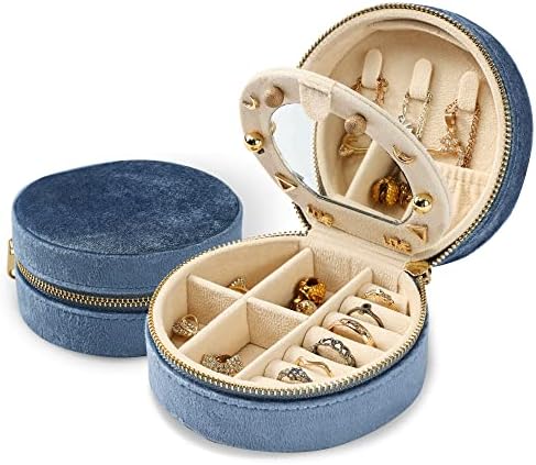 Cutii de bijuterii pentru călătorii din catifea Dajasan, mini cu bijuterii de călătorie, cutii mici de bijuterii portabile de călătorie cu oglindă pentru fete fete (albastru