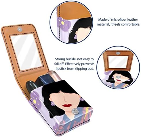 Cutie de ruj ORYUEKAN cu oglindă Geantă de machiaj portabilă drăguță pungă cosmetică, fată violet floare abstractă modernă