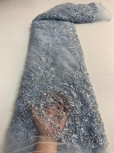5 Yards Roz Nigerian Handmade Sequins Mesh Lace stofe Africa Luxury șirag de mărgele tul Lace pentru rochie de seară de nuntă cusut-Nigerian lace Fabric pentru rochie de mireasă de nuntă
