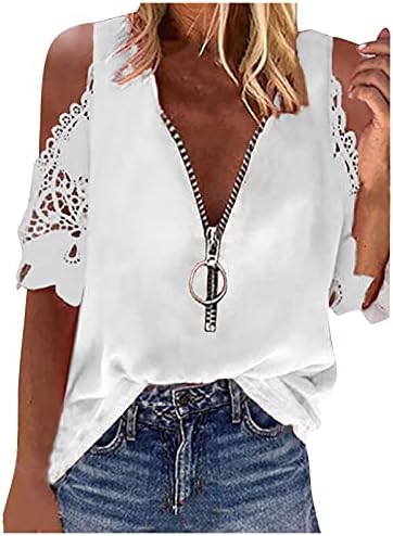 Femei Zip V Neck Tricou Tricou rece cu dantelă rece, blaturi îmbrăcate Culoare solidă Bluze de potrivire liberă 2023 Cămăși