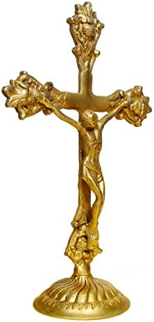Crafthut Isus Cross Cross Hristos Statuia în finisaj antic | Idol de aramă și decor pentru casă | Înălțimea figurinei religioase