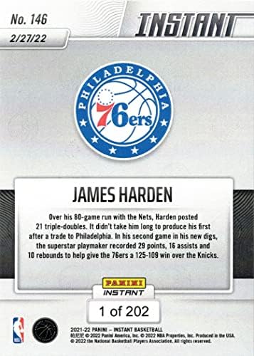 2021-22 Panini Instant 146 James Harden Basketball Card - Cartea oficială 76ers - doar 202 Made!