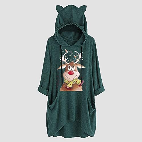 Hoodies pentru femei drăguț Crăciun Reindeer imprimare maneca lunga Top Hooded Hanorac supradimensionate buzunare Pulover uza