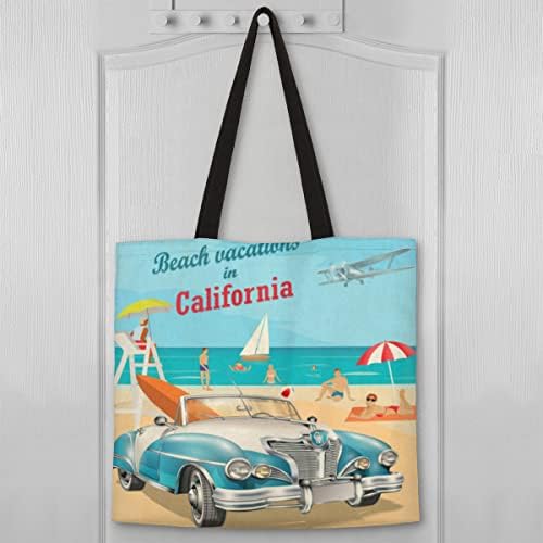 Beach Vacation Vintage Mașină Femei Canvas Tote Geantă reutilizabilă pentru umăr fete fete grele cumpărături pentru cumpărături