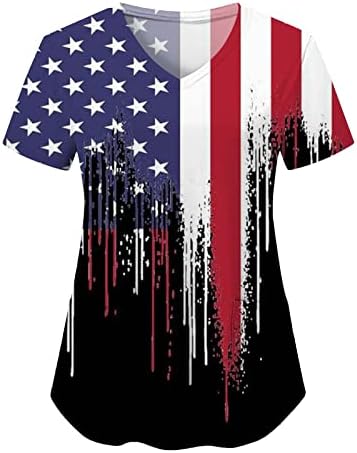 4 iulie Camasi pentru femei USA Flag vara maneca scurta V Neck Tee Shirt cu 2 buzunare Bluza Top vacanță Casual Workwear