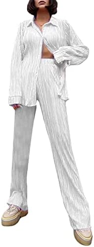Sydotuor femei 2 piese tinutele plisate supradimensionate Maneca lunga Buton jos Tricouri Talie elastica Picior Larg pantalon