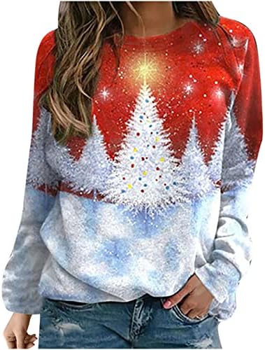 Femei Glitter Christmas Tree Graphic Graphic Graphic Ombre Tie Tie Dye Crew Neck Pulvene liberă tunică cu mânecă lungă cu mânecă