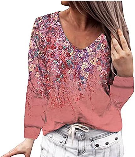 Topuri pentru femei confortabile cu mânecă lungă casual tricouri de toamnă tunică în v-gât, floral imprimat colover bluză henley