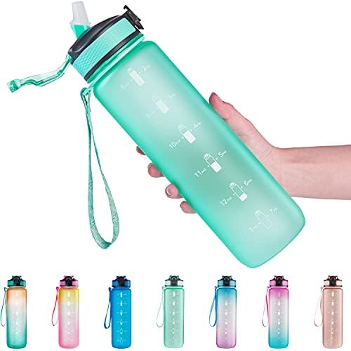 Sticlă de apă Goswag 32 oz cu marcaj de paie și timp, BPA rezistent la scurgeri, sticlă de apă potabilă cu ore, curea de transport,