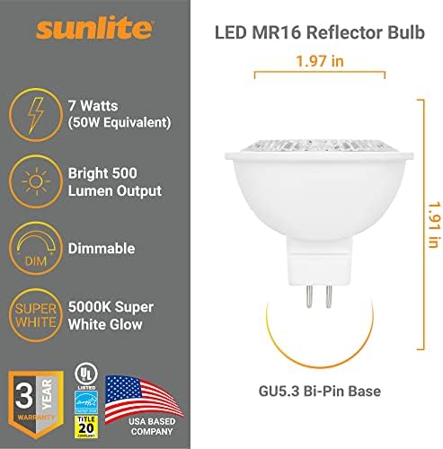 Sunlite 81121 LED MR16 reflector bec reflector, 7 wați 12V, 500 LM, 90 CRI, GU5. 3 Bi-Pin Base, Dimmable, Title-20 compatibil,