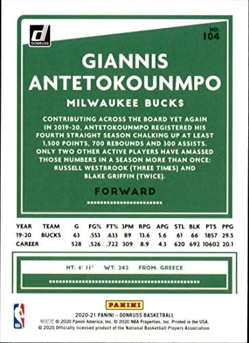 Carte de tranzacționare a baschetului NBA 2020-21 Donruss 104 Giannis Antetokounmpo nm lângă Mint Bucks