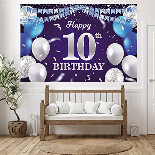 Happy 10th Birthday Banner fundal Bleumarin baloane Confetti Stripe Flag Light Spoturi noroc la 10 ani tema decoratiuni Decor