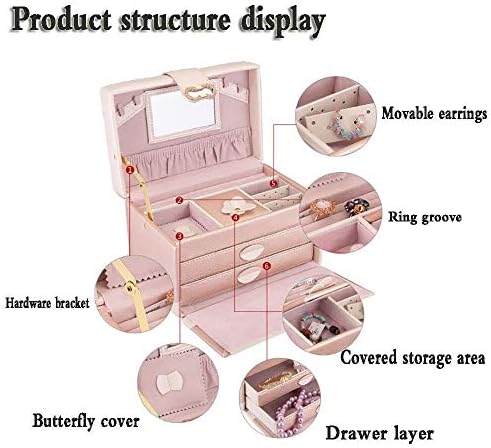 QTT Cutii de bijuterii portabile cu sertare piept de bijuterii organizator de bijuterii din piele pentru inele cercei coliere căptușeală din catifea cutie de bijuterii roz pentru femei