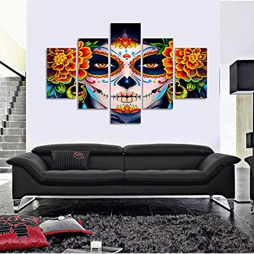 Sugar Skull Girl's Fata Canvas Picturi Artă de perete Ziua Dead Dia de los Muertos Artă de artă modernă decor pentru casă Sfinți Ziua Halloween Artă de perete de 5 din lemn încadrat gata de agățarea-60 inch x 40 inch inch