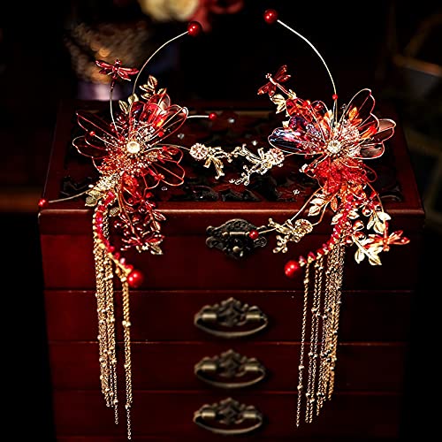 Chineză de flori roșii de mireasă Barrettes Clipuri de păr chinezesc Dragon și Rochie Phoenix Accesorii pentru păr de nuntă