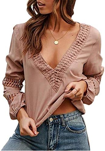 Andongnywell Women Solid Color v Neck Sexy Lace Up Lightweight Out Tops Tricou Blouses Tunici