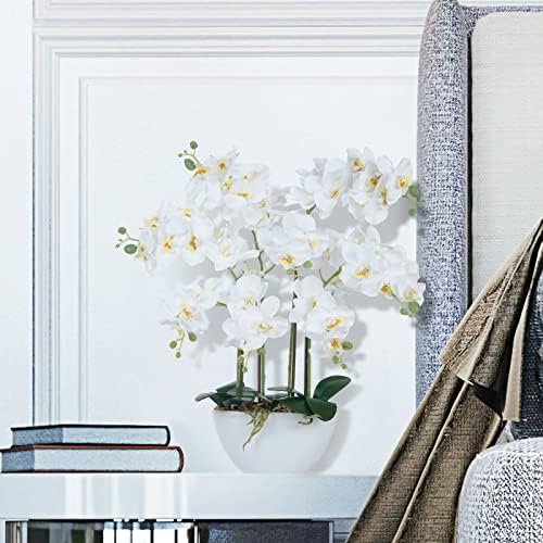 Ziwon Flori și plante de orhidee artificiale în ghiveci în ghiveci ceramice, orhidee faux faux alb pentru piesa centrală de masă, aranjament de flori false realiste pentru decorul de birou pentru casă în interior