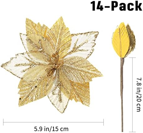 FunArty 14 pachet de aur Poinsettia de Crăciun Poinsettias Artificial Christmas Arbore Flori Ornamente Decor de sclipici pentru