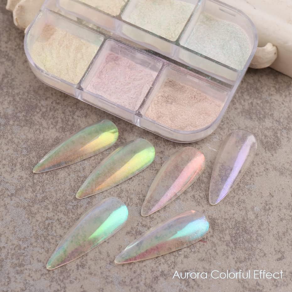 6 culori pulbere de unghii cromate efect de oglindă metalică Aurora Magic White Pearl pulbere de unghii cromate pentru unghii de unghii, Pulbere de Mica Pulbere de unghii irizate pigment de manichiură