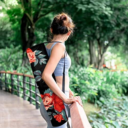 Yoga Mat Carrier Bag cu curea de umăr fundal negru floare roșie Yoga Mat Bag Gym Bag Beach Bag