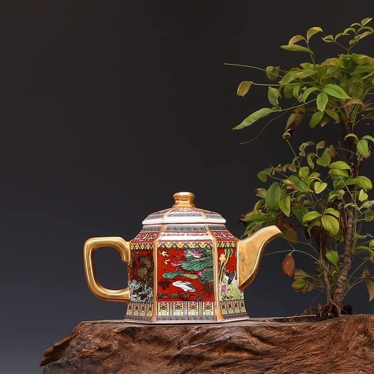 KXDFDC Teapot de aur cu email cu ceainic cu mâner hexagon cu flori și păsări model porțelan antic