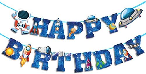 LINGAIXINYUE, nava spațială Astronaut Fericit Ziua de naștere banner Băieți ziua de naștere Banner decorare Albastru