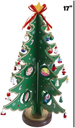 Cadru de imagine de 17 inci Tablete din lemn Arbori de Crăciun cu 8 ornamente de rame cu imagini agățate și 24 mini ornamente