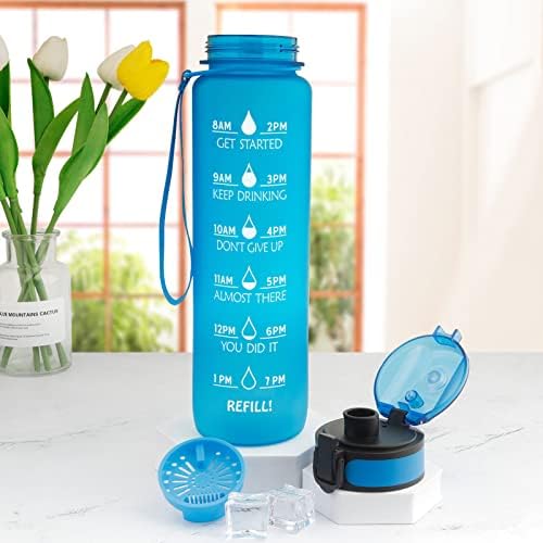 Sticlă de apă sportivă ușoară de 32 oz, sticle de apă rezistente la scurgere, sticlă de apă cu marcaj de timp și strat de filtru,