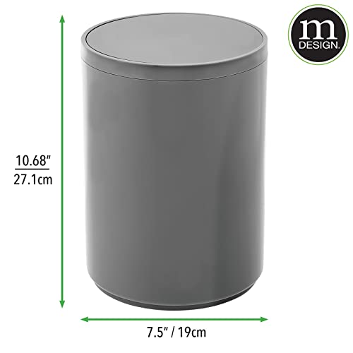 Mdesign Plastic Small Slim Round 1,7 Gallon coș de gunoi cu capac de leagăn detașabil - coș de gunoi, coș de coș de gunoi pentru baie principală/oaspeți - ține gunoi/reciclare - cărbune gri
