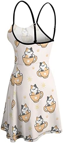 Drăguț pisici și cupe imprimare plaja rochie pentru Femei Fără mâneci spaghete curea Hawaiian Sundress Mini
