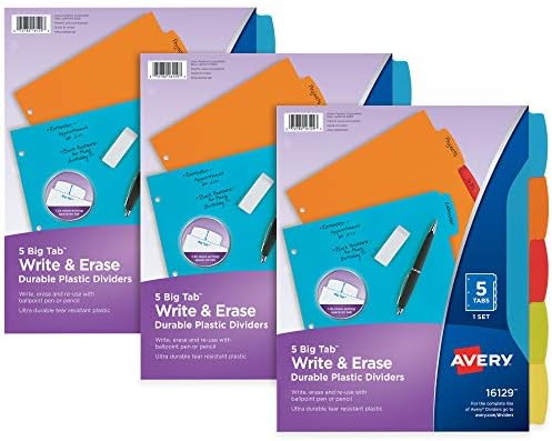 Avery plastic durabil 5-Tab Write & amp; Erase Big Tab separatoare pentru 3 Inel lianți, pastel Brights & amp; Big Tab Write