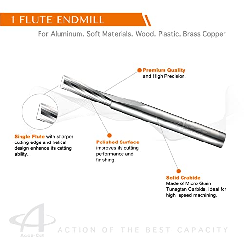 Accucut I1AES 1/8 Flaut cu flaut cu flaut moară pentru aluminiu, instrument de frezare a mașinilor CNC, pentru lemn, cupru,