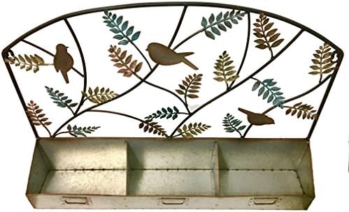 3 Bin Spice Rack - Rustic raft de perete metalic galvanizat cu ornamente de păsări și frunze