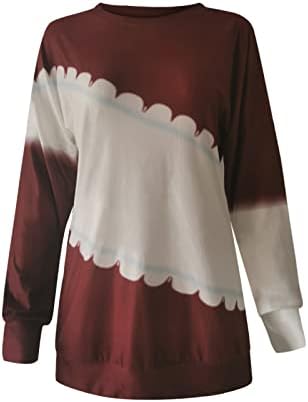 Tunică pentru femei topuri casual cu mânecă lungă, bloc de culoare tricou liber, gât rotund petchwork Pullover tricouri de