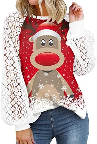 Cămașele de Crăciun pentru femei văd prin topuri cu mânecă de felinar tunică amuzantă tricouri de zăpadă drăguță cu hanorac