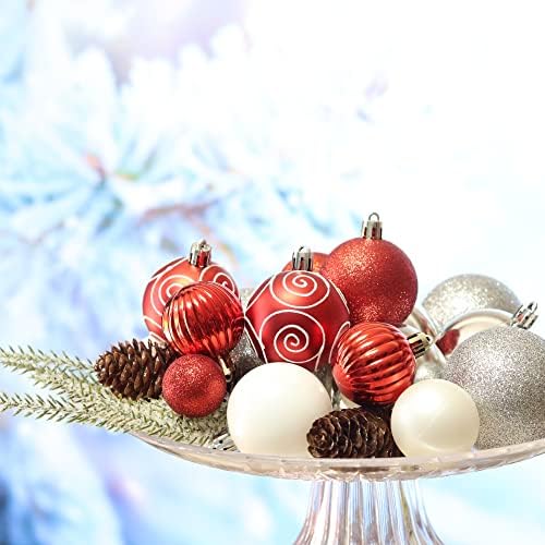 Ornamente de Crăciun alb și roșu, 57 pcs, shatterproof Biles Biles Bile de Crăciun Set Plastic Xmas Ornamente în vrac pentru