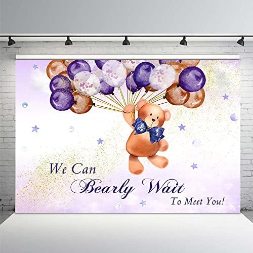 MEHOFOND Bear Baby Shower fundal pentru fată putem aștepta cu nerăbdare să vă întâlnim decorațiuni baloane violete sclipici