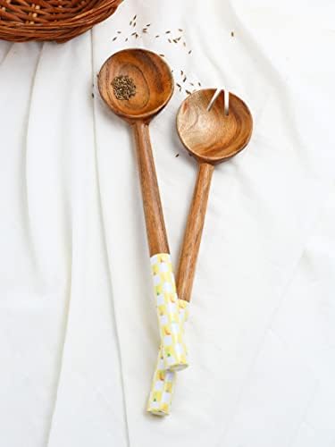 Yotreasure Tiramisu Galben și fildeș ustensile din lemn în carouri pentru servirea setului de salată, lingură și furculiță