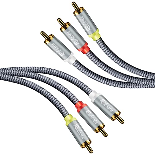 Cablu video audio Riksoin, [6,6ft, parlat cu aur ecranat] 3-bărbați până la 3 bărbați RCA stereo AV cablu nylon împletit compozit