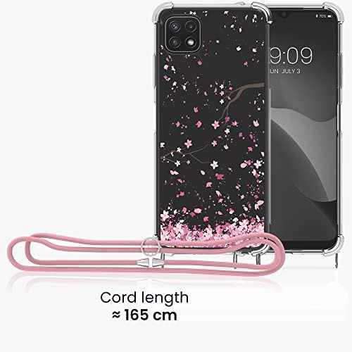 Caz KWMobile Crossbody Compatibil cu Samsung Galaxy A22 5G curea de carcasă - flori de cireș roz/maro închis/transparent