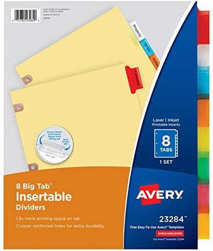 Separatoare Insertabile Avery Big Tab, Hârtie Buff, 8 File Multicolore, 1 Set