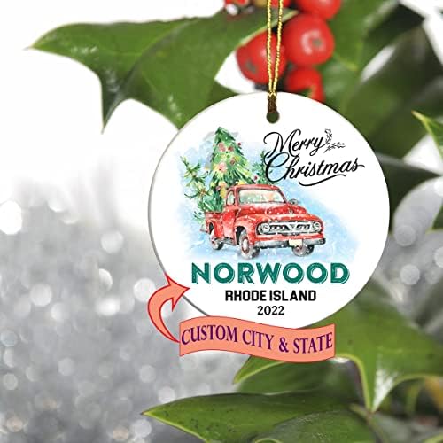 Crăciun fericit 2022 Ornament Tree Prima primă vacanță Living în Norwood Rhode Island Ornament de stat Stat personalizat -