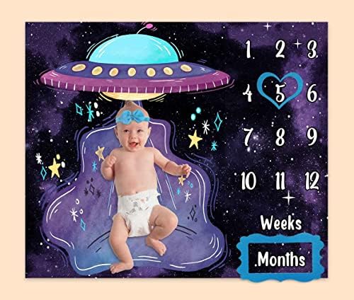 Phmojen Baby lunar Milestone pătură / nava extraterestră amuzant turcoaz OZN spațiu galaxie farfurie zburătoare / nou-născuți