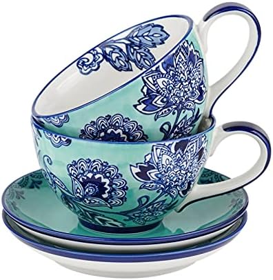 Taimei Teatime Ceai Cup și farfurie cu lingură, set de 2 pachete cu ceașcă de cafea ceramică și farfurie, cană de ceai și farfurie
