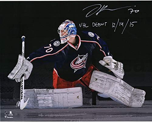 Joonas Korpisalo Columbus Blue Jackets Autographed 16 x 20 NHL FOTOGRAFIE DE DEBUT CU „NHL Debut 14/12/15” Inscripție - #15 dintr -o ediție limitată de 15 - Fotografii NHL autografate